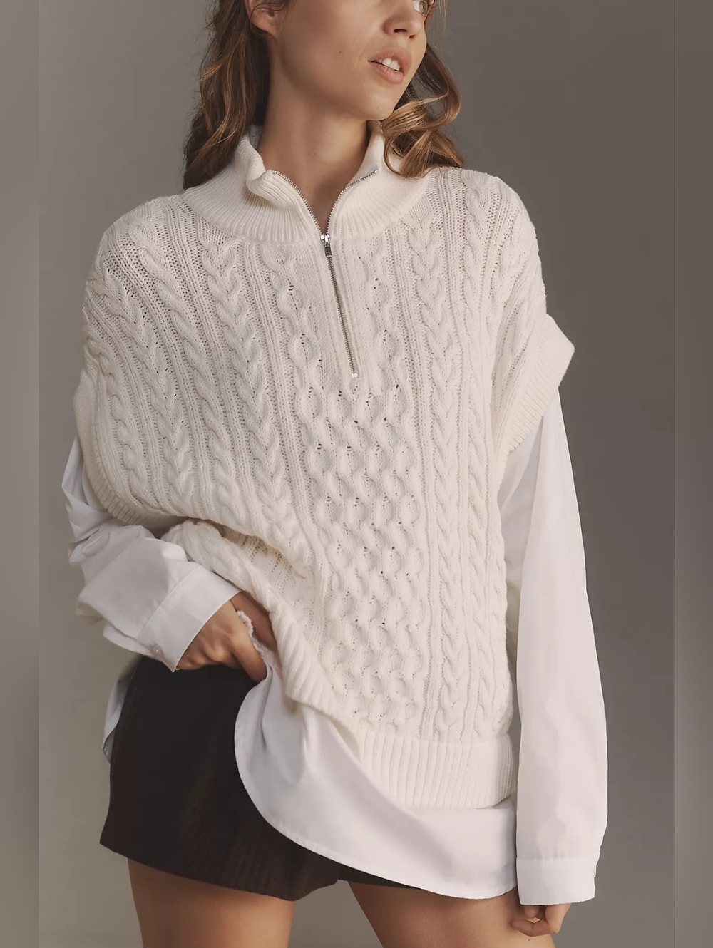 Anthropologie Pilcro Chunky Cable Knit Twofer Half-Zip Sweater Cream White M